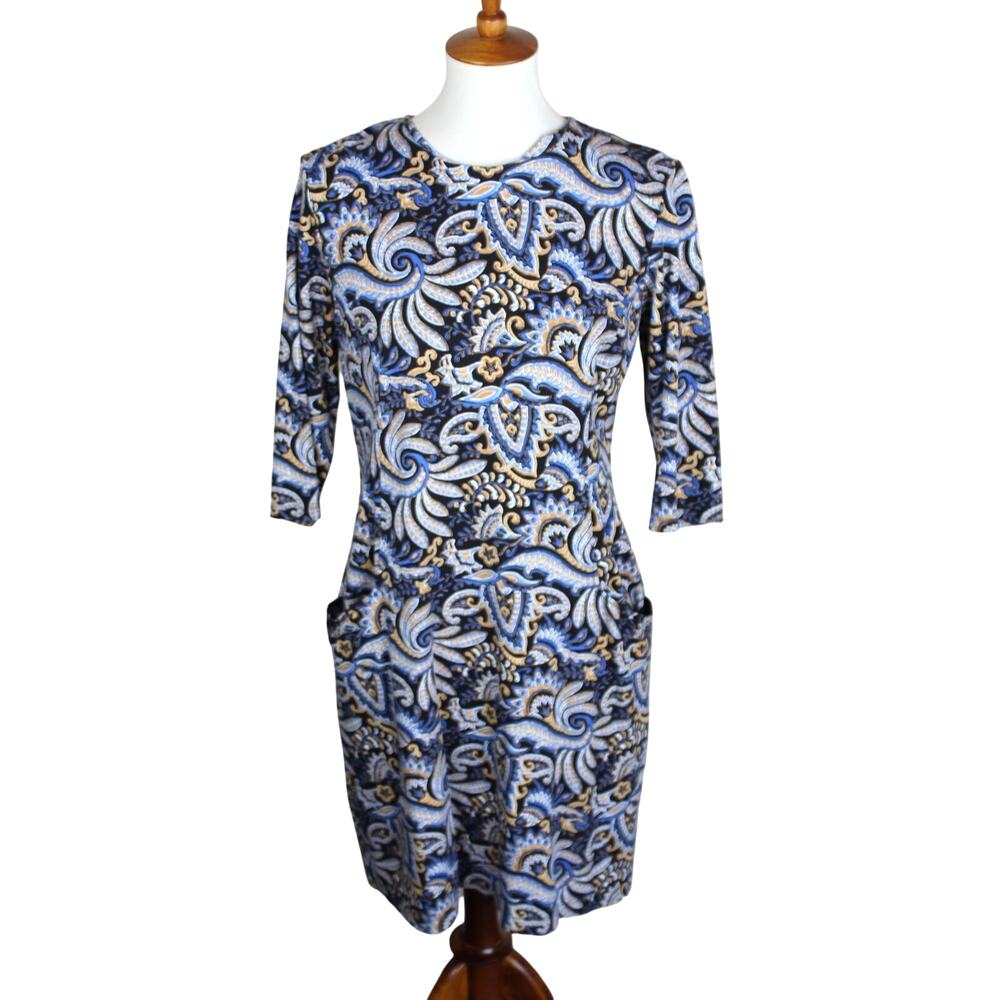 J McLaughlin Paisley Dress Womens Large Blue Shift Pockets Stretch Summer Resort